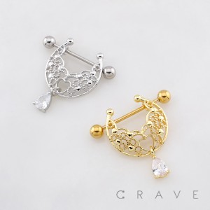 HANGING FILIGREE CRESCENT SHIELD WITH A TEARDROP CHARM 316L SURGICAL STEEL NIPPLE RING